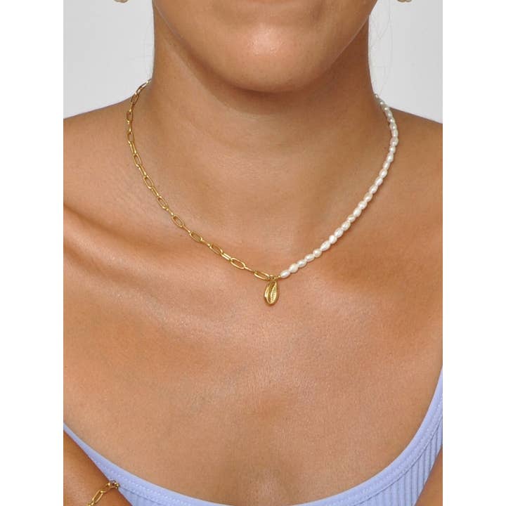 gold Stainless Steel Snail Pendant Necklace with Pearls for wholesale on Faire1