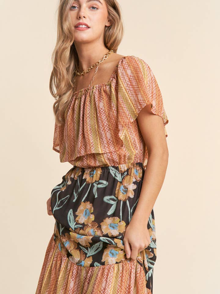 Sunset fields Off Shoulder Tiered Floral Maxi Dress for wholesale on Faire
