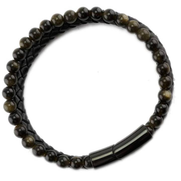 La Boîte à Cailloux - Venta al por mayor Pulsera de cuentas - Pulsera Hombre cuero obsidiana dorada (bolas 5-6mm)