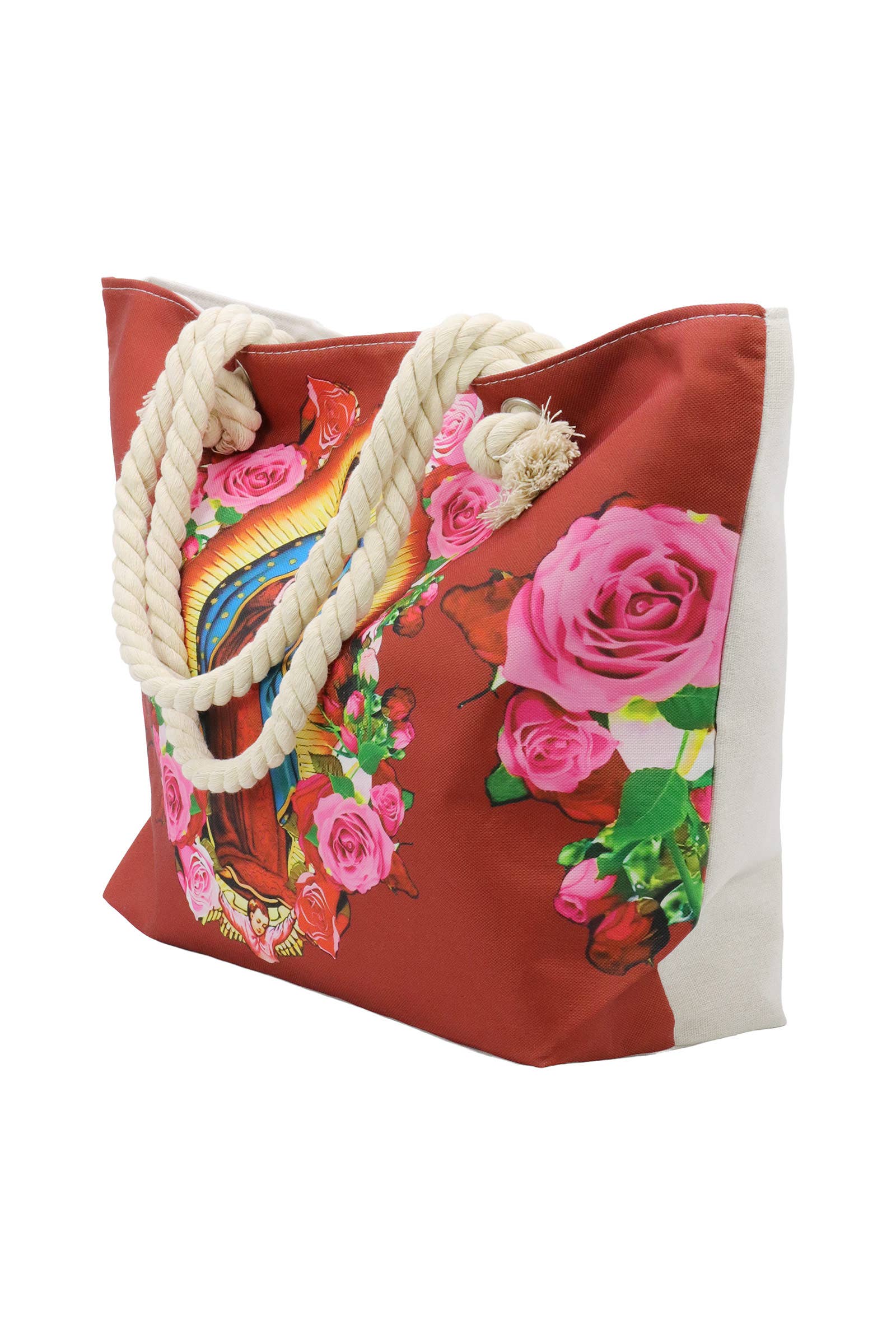 DARK RED Guadalupe Virgen Mary Zippered Canvas Tote Bag for wholesale on Faire4