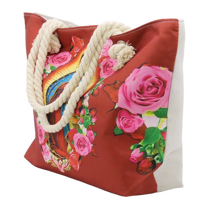 DARK RED Guadalupe Virgen Mary Zippered Canvas Tote Bag for wholesale on Faire4