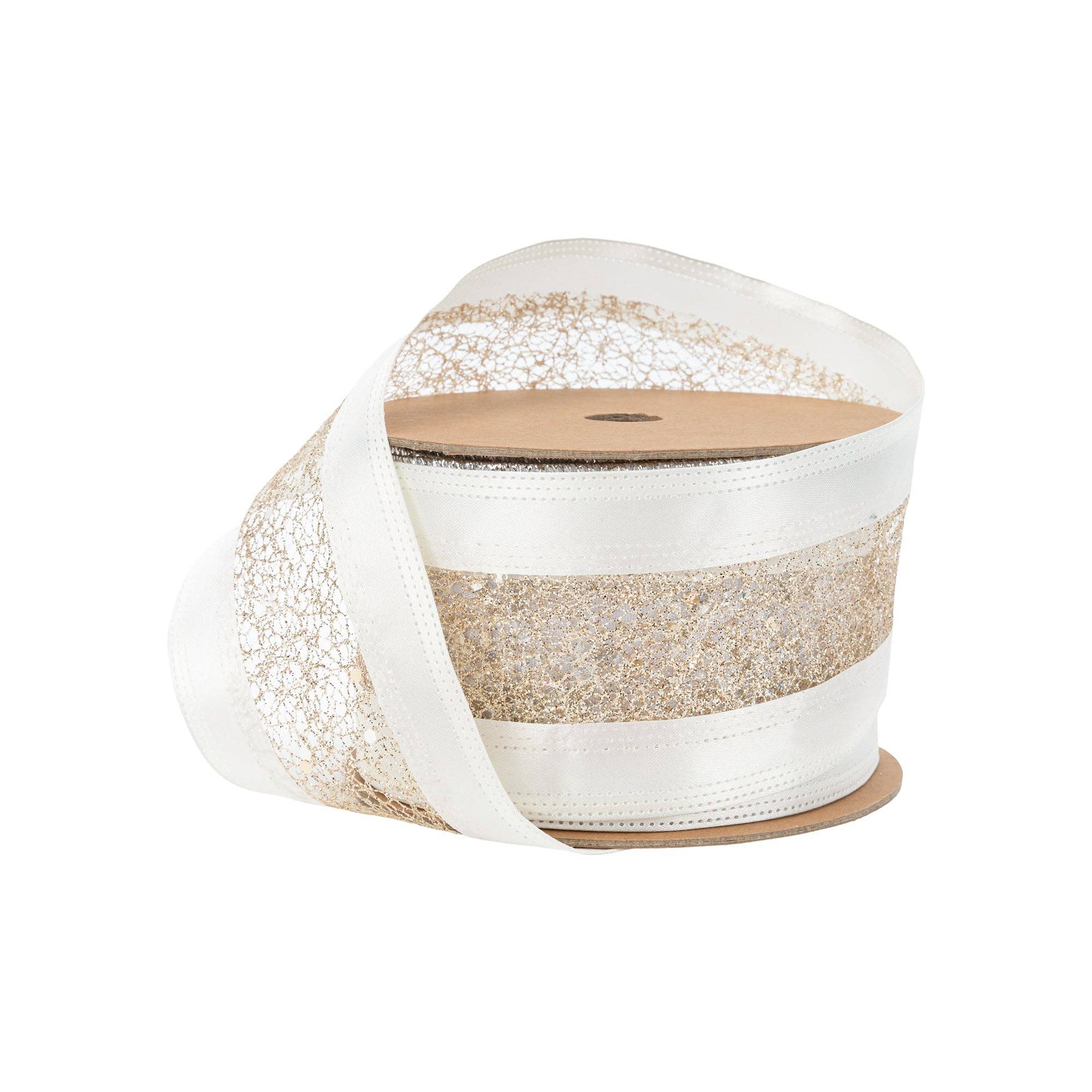 LA Ribbons Wholesale - Vente Ruban – emballage cadeau - Ruban câblé 2 1/2" | Maille dorée avec bordure en satin blanc | Rouleau de 10 yards0