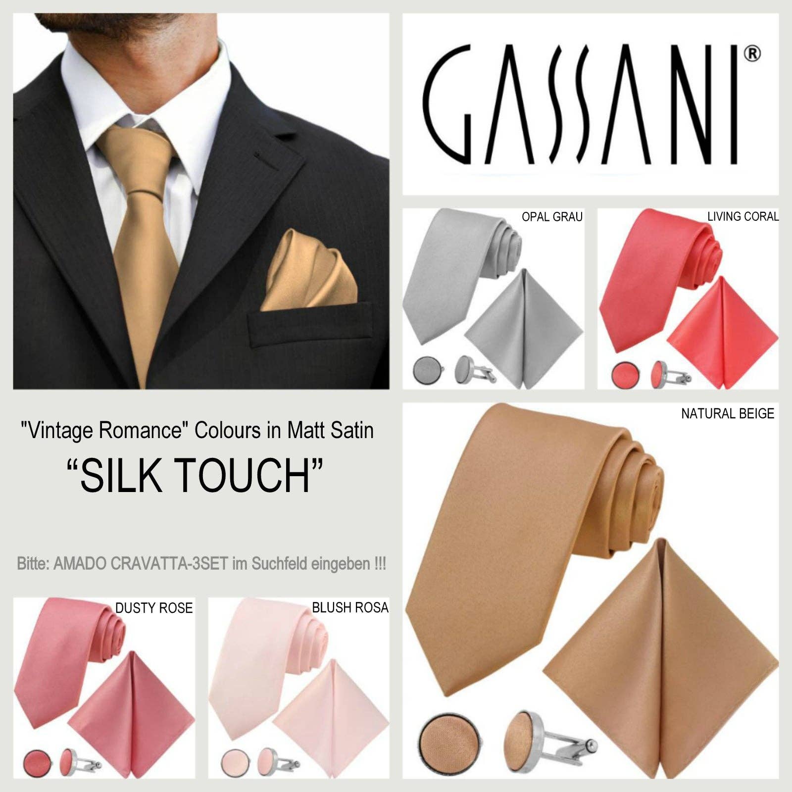 GASSANI – Gravata - Homem por atacado – Conjunto de 3 peças GASSANI: gravata masculina 8 cm, rosa blush para casamento, corte slim8