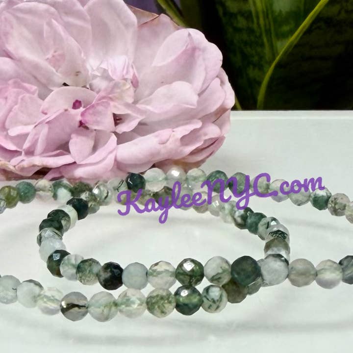 KayleeNYC - Wholesale Beaded Bracelet - Natural 4mm Faceted Moss Agate 7.5”Crystal Stretch Bracelet 4