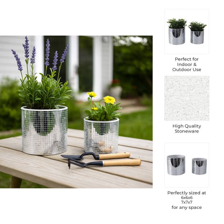 Sagebrook Home - Wholesale Plant Pot - Planters Set of 2 - Silver Ceramic Disco Mirror, 6/7 in.4