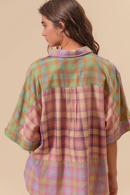 BLUSH MULTI Vintage Washed Plaid Block Short Sleeve Blouse for wholesale on Faire2