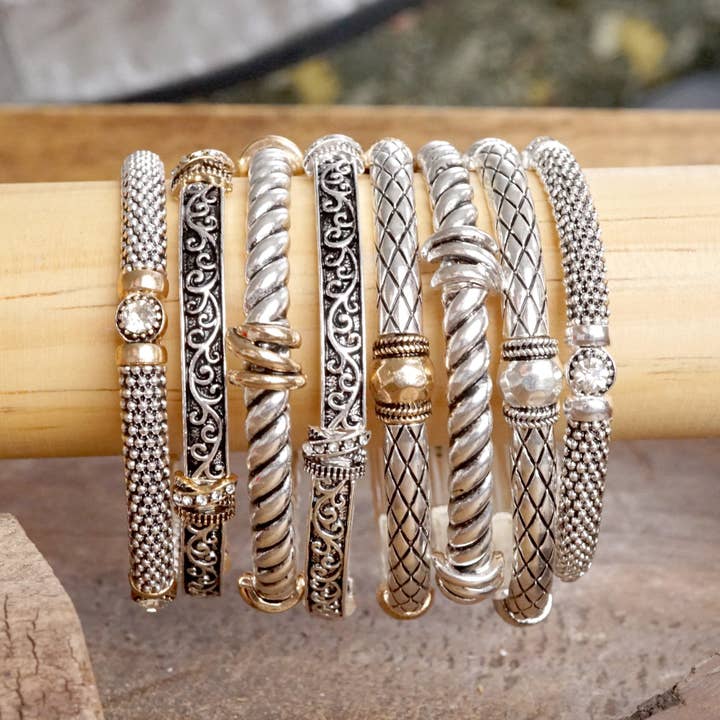 PennyLine inc - Wholesale Bangle Bracelet - Timeless Layering Textured Bangles Bracelets Silver tone 8 styles22