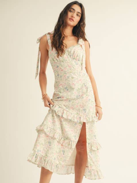 Robe longue à volants en dentelle florale avec nœud aux épaules pour la vente par JUST ME