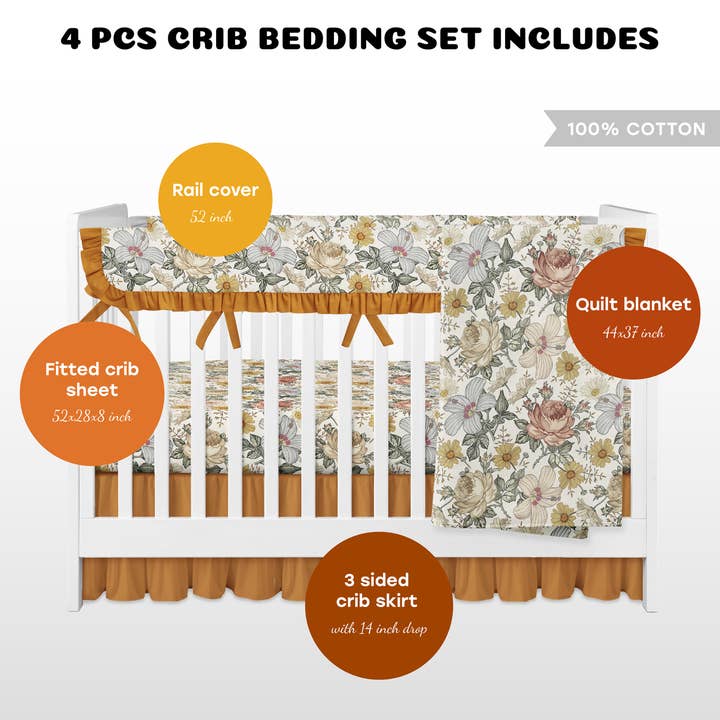 JLIKA - Wholesale Bedding Set - Kids & Baby - Vintage Floral Crib Bedding Set Baby Bedding Set 4 Pieces
