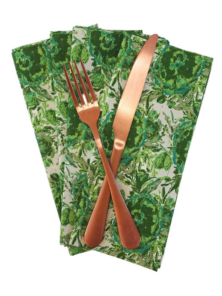 Maximalist Green Floral Cloth Napkins, Set of 4 for wholesale by 90 West Linen Co.