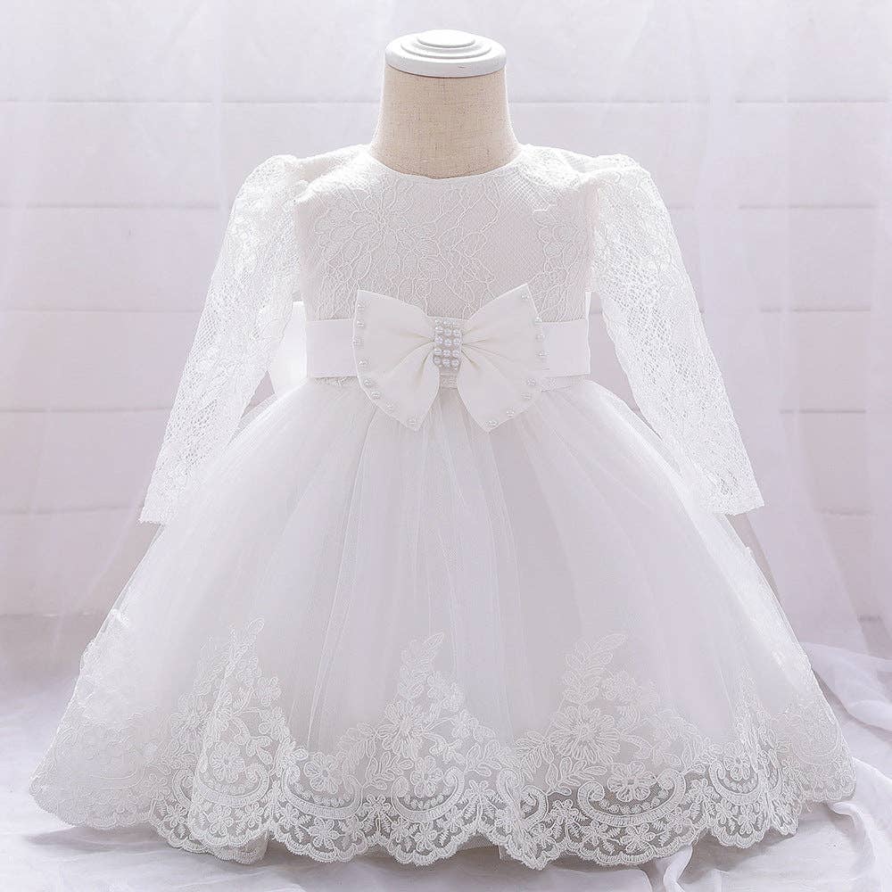 MyKids-USA® - Wholesale Dress - Baby - Baby Girl Bow Patched Design Long Sleeves Full Moon Christening Mesh Formal Dress16