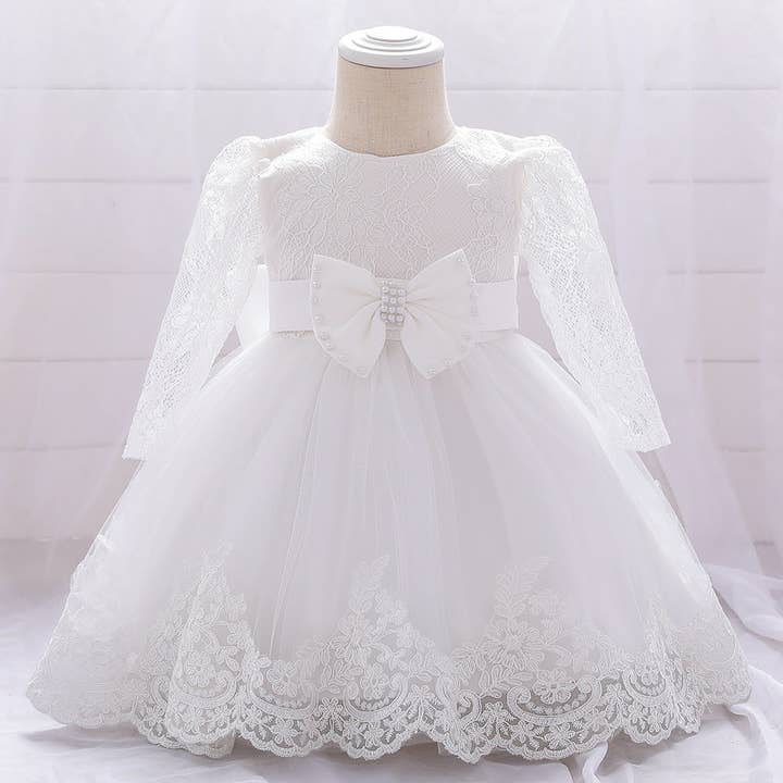 MyKids-USA® - Wholesale Dress - Baby - Baby Girl Bow Patched Design Long Sleeves Full Moon Christening Mesh Formal Dress16