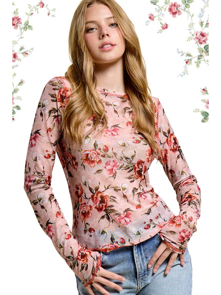 La Miel - Wholesale T-Shirt - Women's - JDT7714-Semi Sheer Crew Neck Long Sleeve Mesh Layering Top2