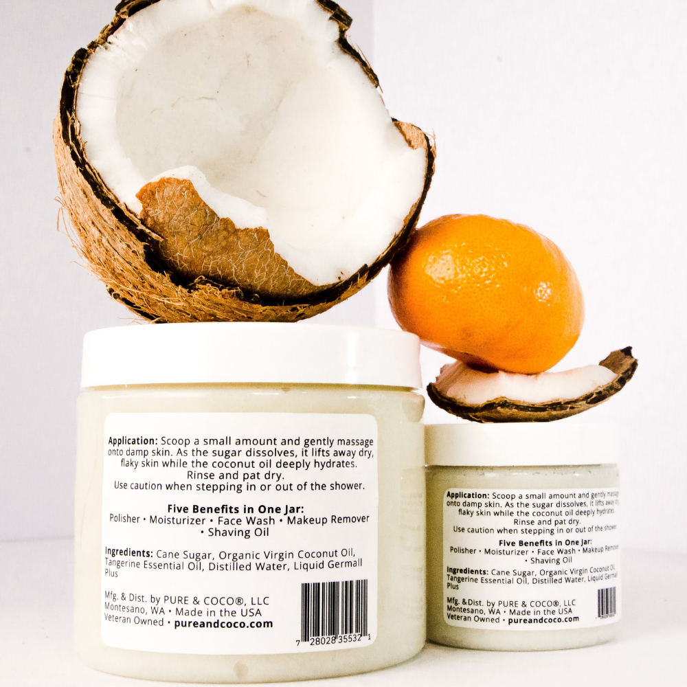 Pure & Coco | Organic Coconut Oil Face & Body Skincare - Wholesale Facial Exfoliant/Scrub - Tangerine & Coconut Organic Coconut Oil Face & Body Polish1