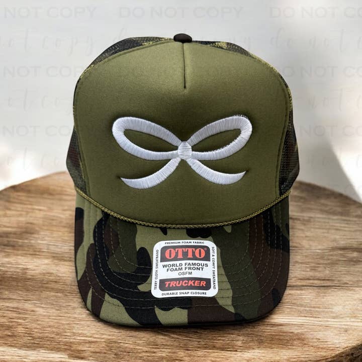 Camo White Bow Embroidered Trucker Hat for wholesale by 403 Designs
