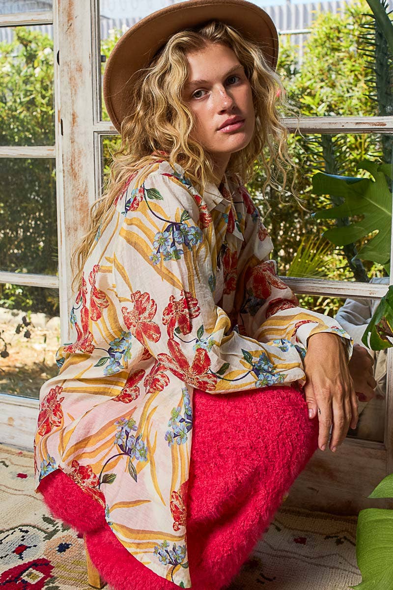 Pol Clothing - Vente Chemise à col boutonné – femme - Haut chemise tissé à manches longues imprimé floral2