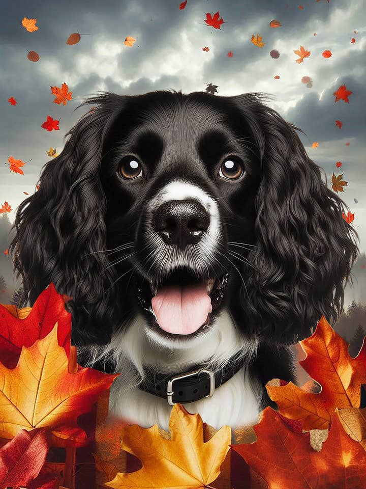 Springer Spaniel B/W - Fall Leaves House Flag for wholesale by Best of Breed Products