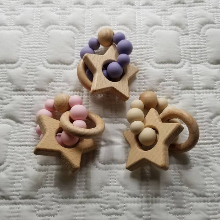 Star Silicone & Beechwood Teething Ring Rattle Toy for wholesale by D & C TOYS