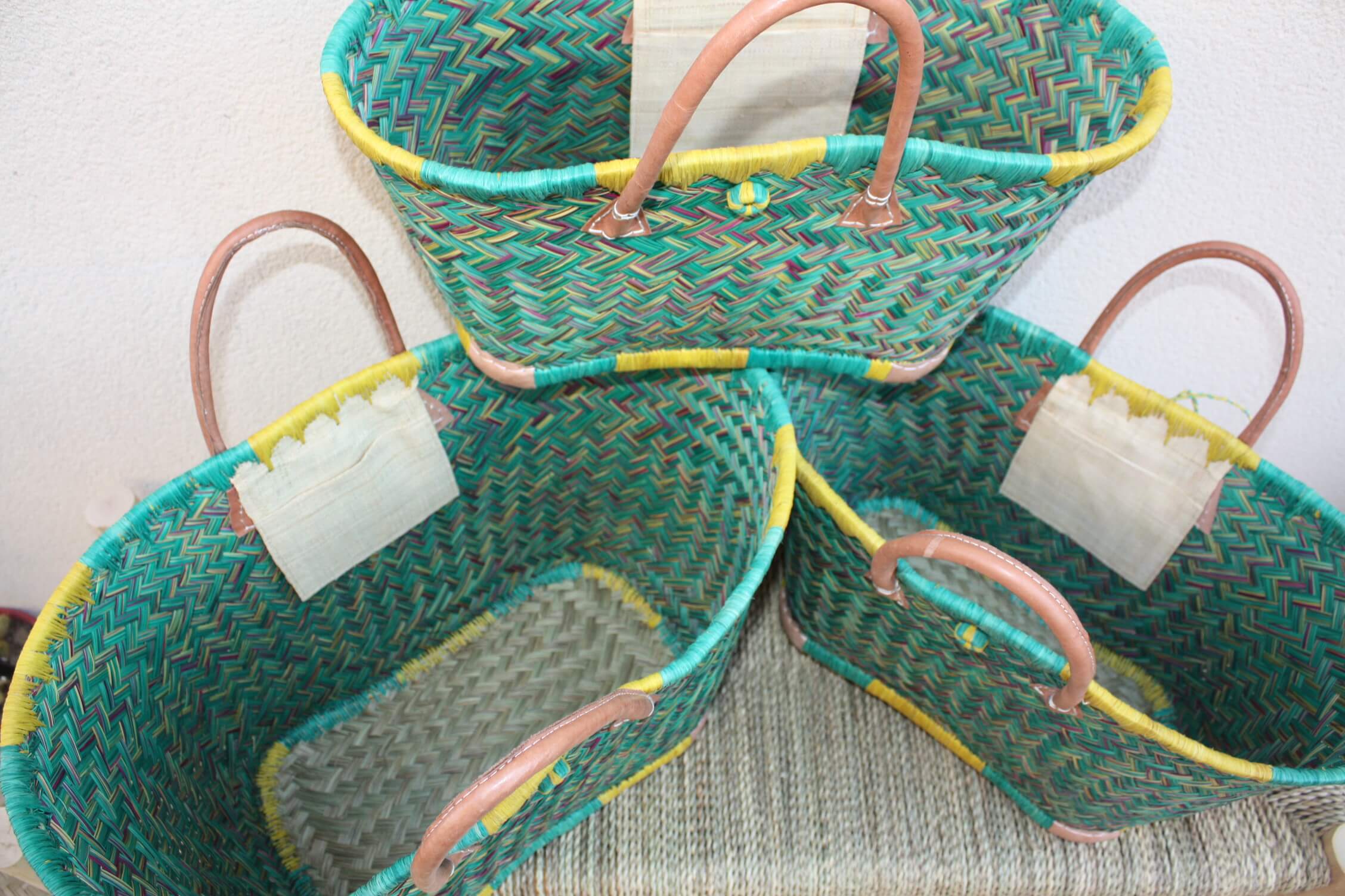 Boutique Huléti - Wholesale Grocery/Shopping Bag - Madagascar Shopping Basket - Turquoise & Yellow - Handwoven Tote Bag Wicker Rattan Straw - 3 sizes available -5
