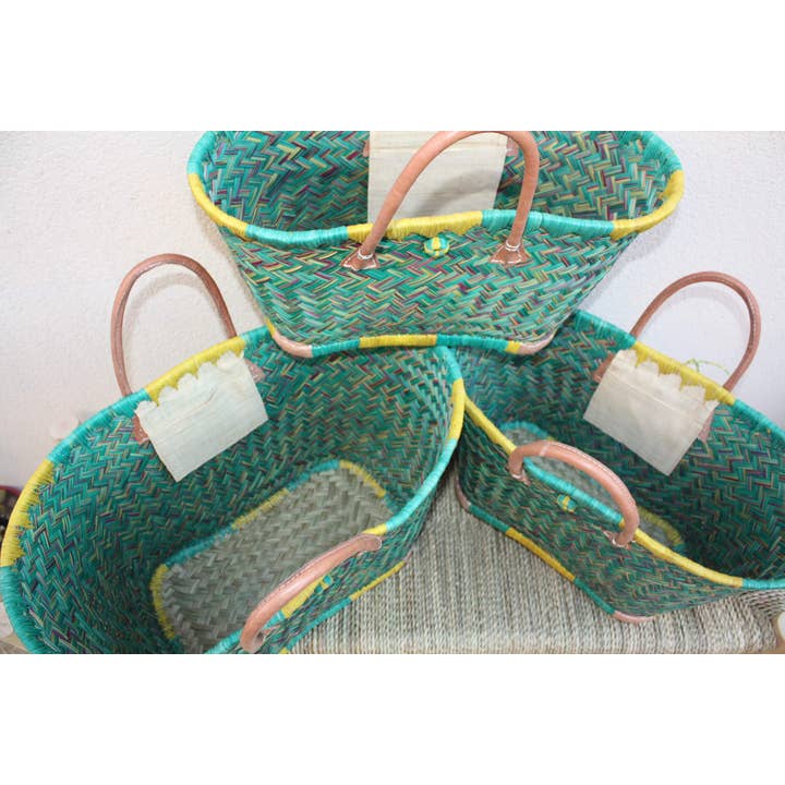 Boutique Huléti - Wholesale Grocery/Shopping Bag - Madagascar Shopping Basket - Turquoise & Yellow - Handwoven Tote Bag Wicker Rattan Straw - 3 sizes available -5