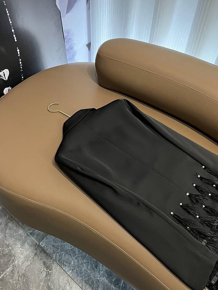 SY388 Elegant Black Lapel Tassel Belt Midi Dress for wholesale on Faire13