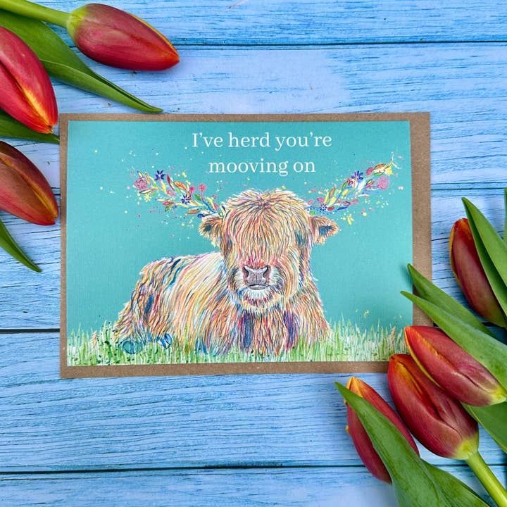 Cartolina ecologica di addio al lavoro con mucca delle Highland colorata e naturale per la vendita all'ingrosso da parte di Jen Winnett Eco Artist