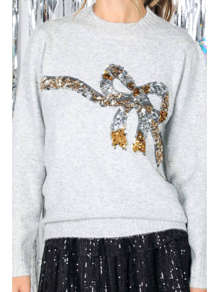 Vine & Love - Wholesale Knit Sweater - Women's - Sparkling Bow Sequin Accent Cozy Knitted Sweater Top VT8269816