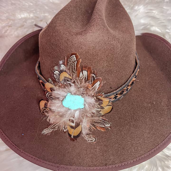 The Sterling Gypsy - Wholesale Hat Accessory - Women's - Handmade Retro Western Feather & Turquoise Country Star Stap