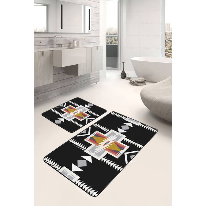 Realhomes – Großhandel Badematten-Set – Stammes-Schwarz-Ethno-Muster 2-teiliges Badematten-Set