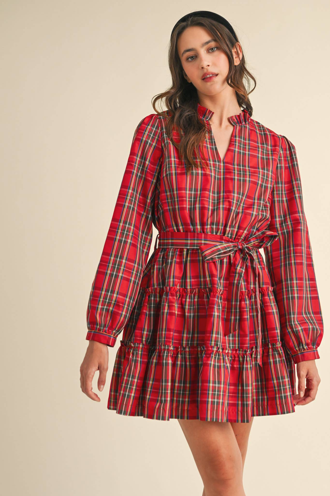 &MERCI - Wholesale Dress - Women's - PLAID MINI DRESS WITH TIERED RUFFLE TRIM MDR353816