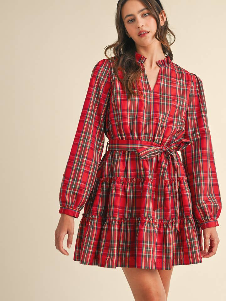 &MERCI - Wholesale Dress - Women's - PLAID MINI DRESS WITH TIERED RUFFLE TRIM MDR353816