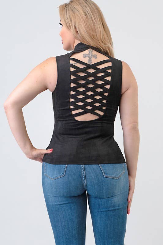 Lydia USA - Wholesale Blouse - Women's - Front Lace Up Back Cut Out Detail Suede Plus Top1