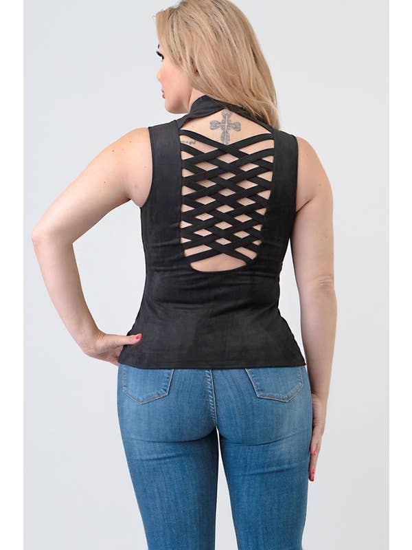 Lydia USA - Wholesale Blouse - Women's - Front Lace Up Back Cut Out Detail Suede Plus Top1