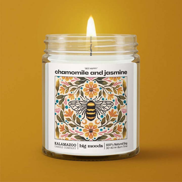 Big Moods - Wholesale Jar/Filled Candle - "Bee Happy" Chamomile and Jasmine - Luxury Soy Candle