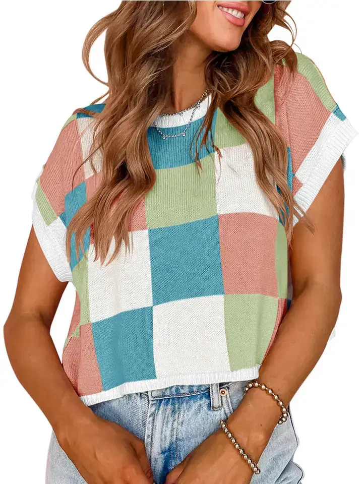 Lovesoft - Wholesale Sweater Vest - Women's - Plaid Colorblocked Skeleton Knit Vest11