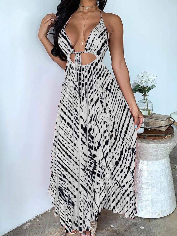 Flarix – Engroshandel Kjole - Dame – halterneck slips farvestof print bundet detaljer udskæring maxi kjole1