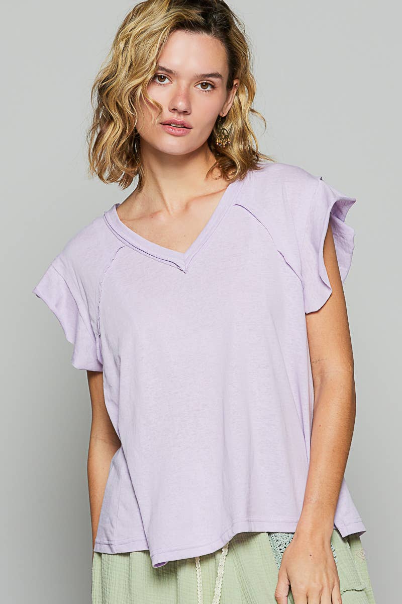 Pol Clothing - Wholesale T-Shirt - Women's - V-neck ruffle short sleeve solid basic cotton top15