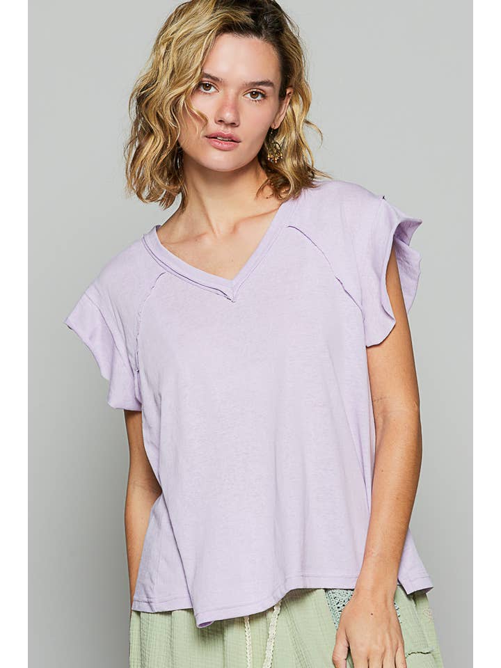 Pol Clothing - Wholesale T-Shirt - Women's - V-neck ruffle short sleeve solid basic cotton top15