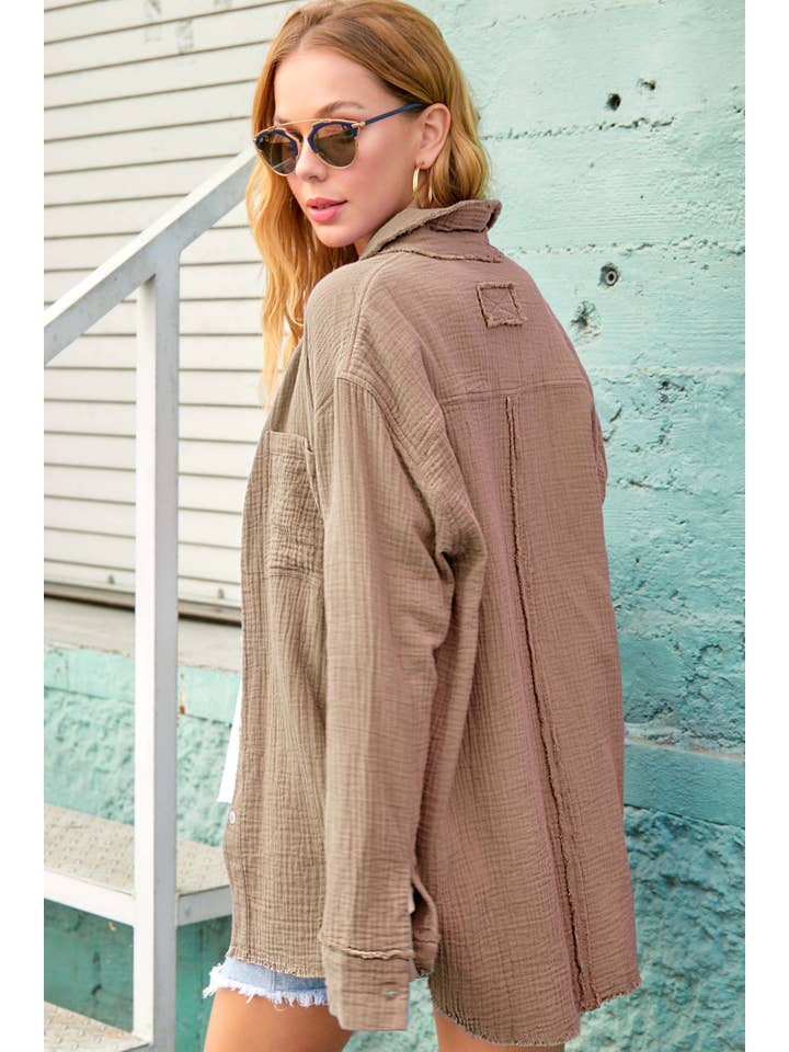 La Miel - Wholesale Button Down Shirt - Women's - SRT7448-Soft Washed Crinkled Gauze Button Down Shirts29