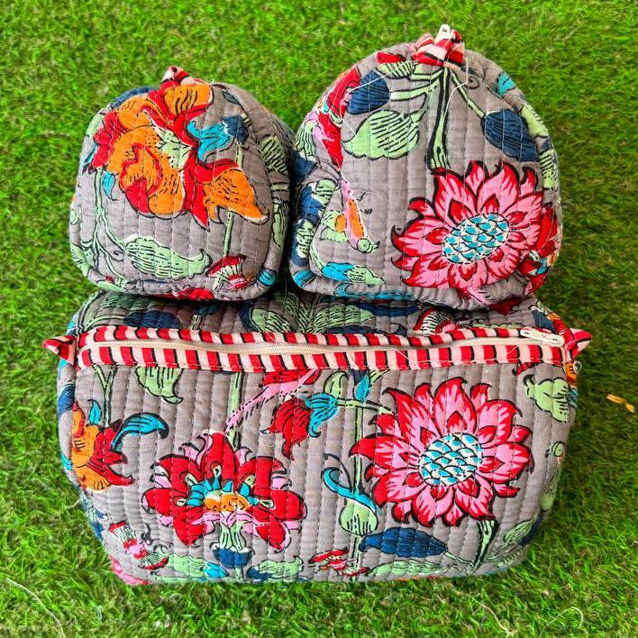 bhavnas boutique - Wholesale Makeup/Cosmetic Bag - Beautiful Floral Print Bag Handmade Cotton Quilted Pouch Bag