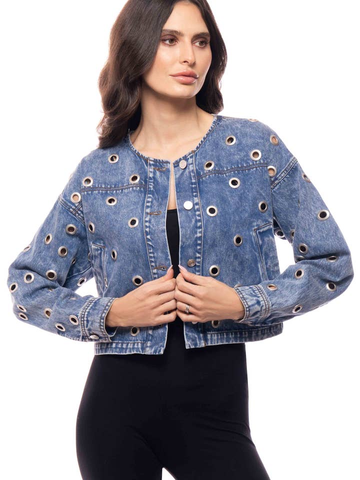 2607 Grommet Detail Cropped Denim Jacket for wholesale by Adore