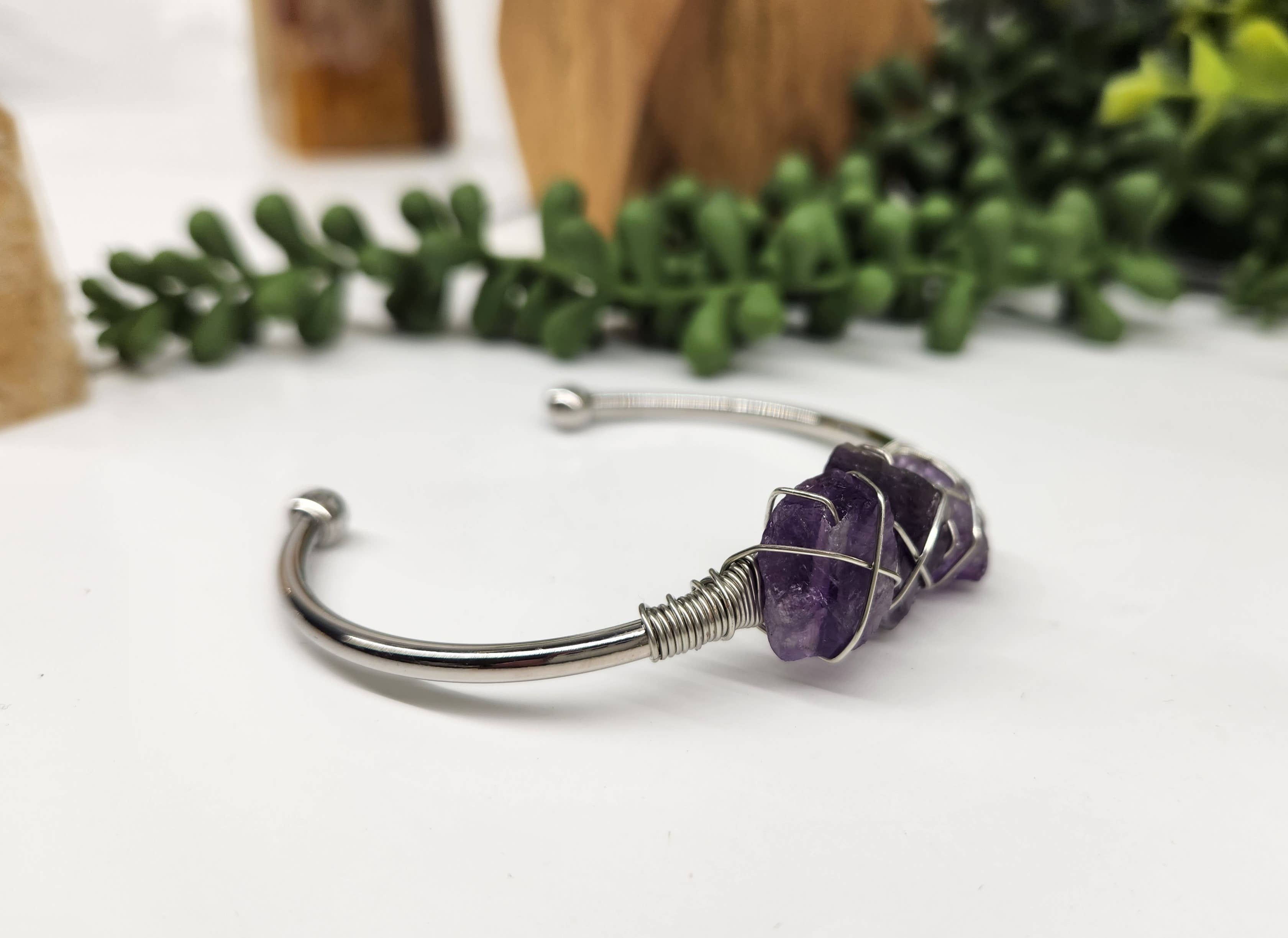 Meraki Gemstones - Wholesale Cuff Bracelet - Amethyst 3 Rough Gemstones Wire Wrapped Bangle Bracelet2