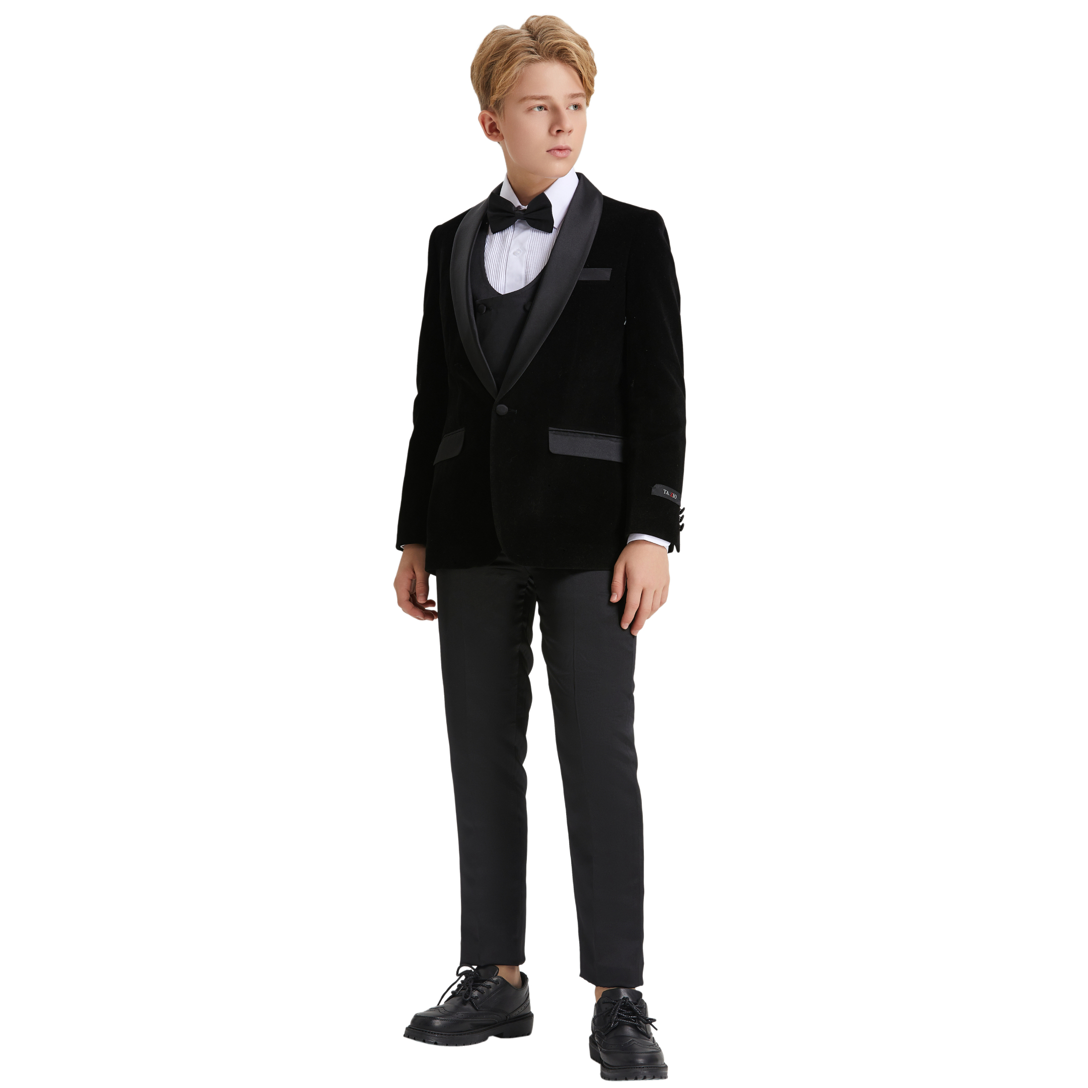 Suits America - Wholesale Suit Set - Kids - Velvet Boys Tuxedo Black 5pc w/ Bowtie & Tuxedo Dress Shirt1