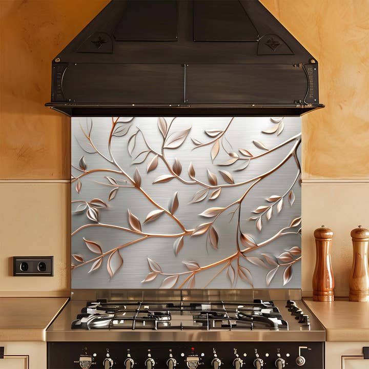 Golden Vine – Tempered Glass Backsplash for Kitchen – Floral Botanical Kitchen Splashback for wholesale by Glass Kitchen Backsplash