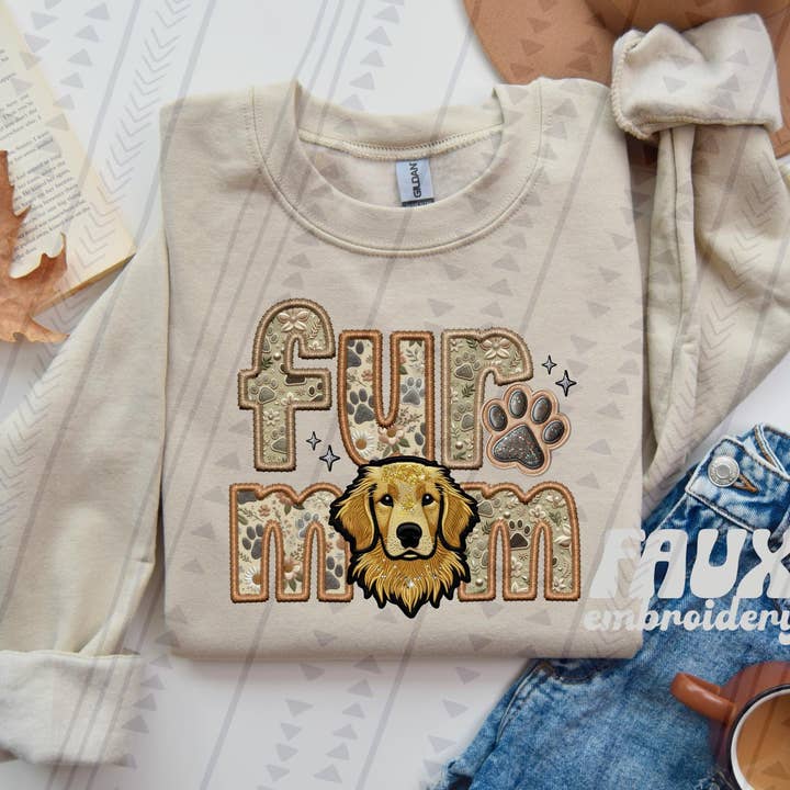 Golden Retriever Fur Mamma Broderi Faux DTF-överföring för wholesale av K and M Designs