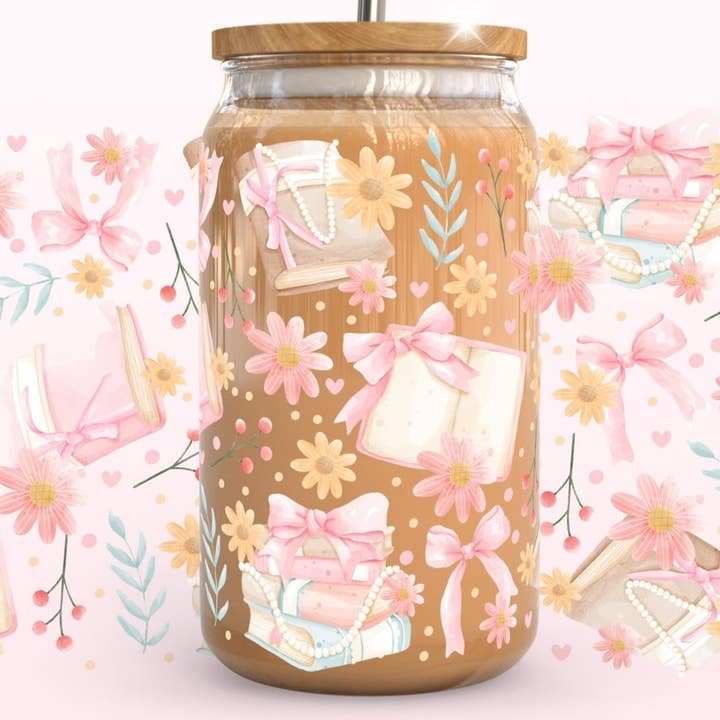 Coquette Book Glass Cup, Glass 16oz Coffee Cup, Book Lover for wholesale by Dm Crafting