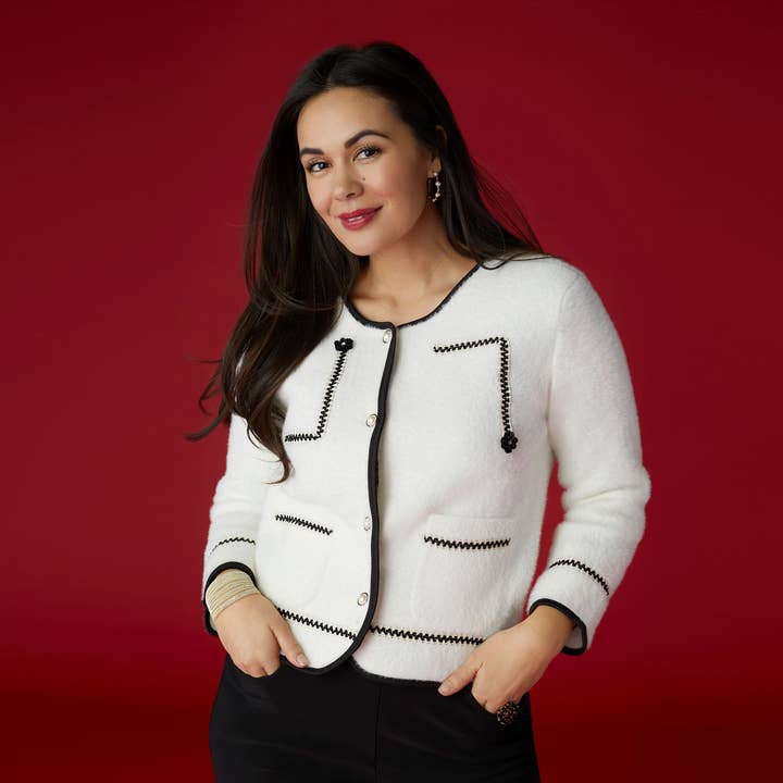 Winter White Clarice Cardigan with Trim Detail for wholesale on Faire