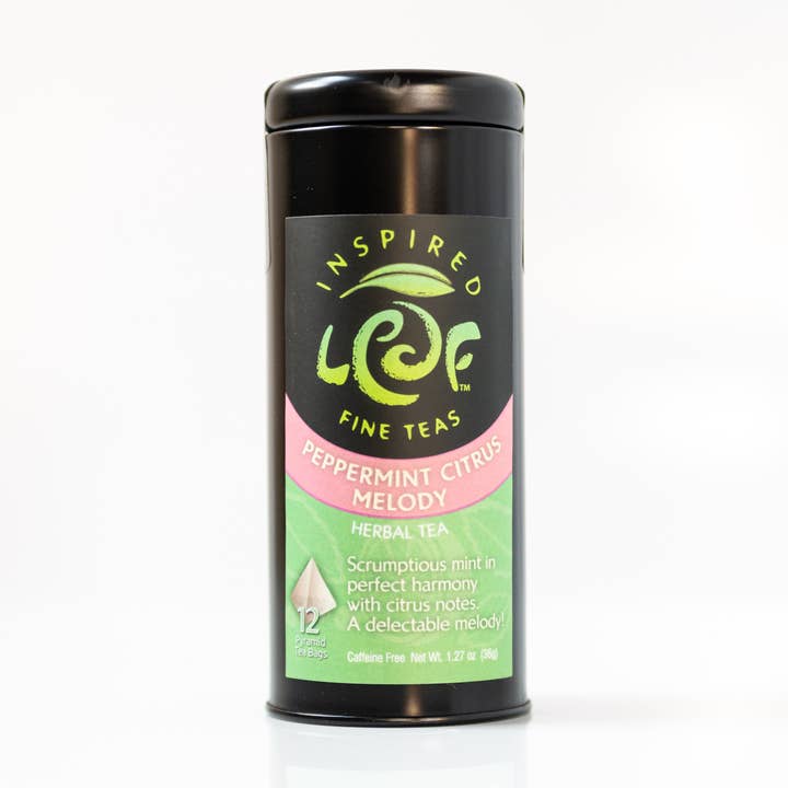Peppermint Citrus Melody Pyramid Tin. Summer blend. for wholesale by Inspired Leaf Teas