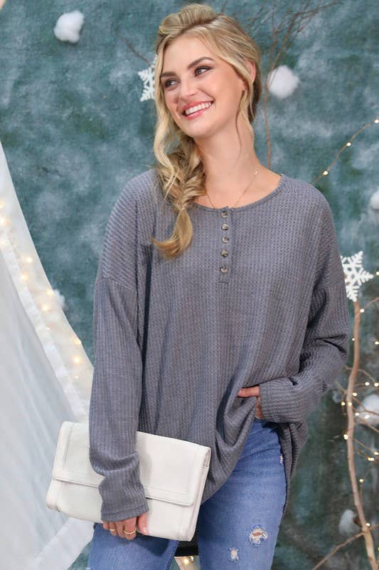 NINEXIS - Wholesale Knit Top - Women's - CWTTL450_BUTTON PLACKET LONG SLEEVE WAFFLE TOP8