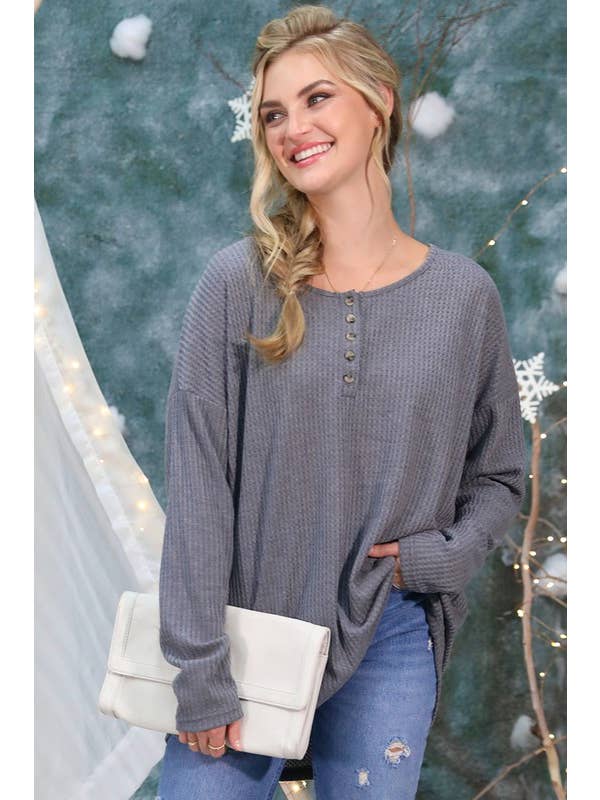 NINEXIS - Wholesale Knit Top - Women's - CWTTL450_BUTTON PLACKET LONG SLEEVE WAFFLE TOP8